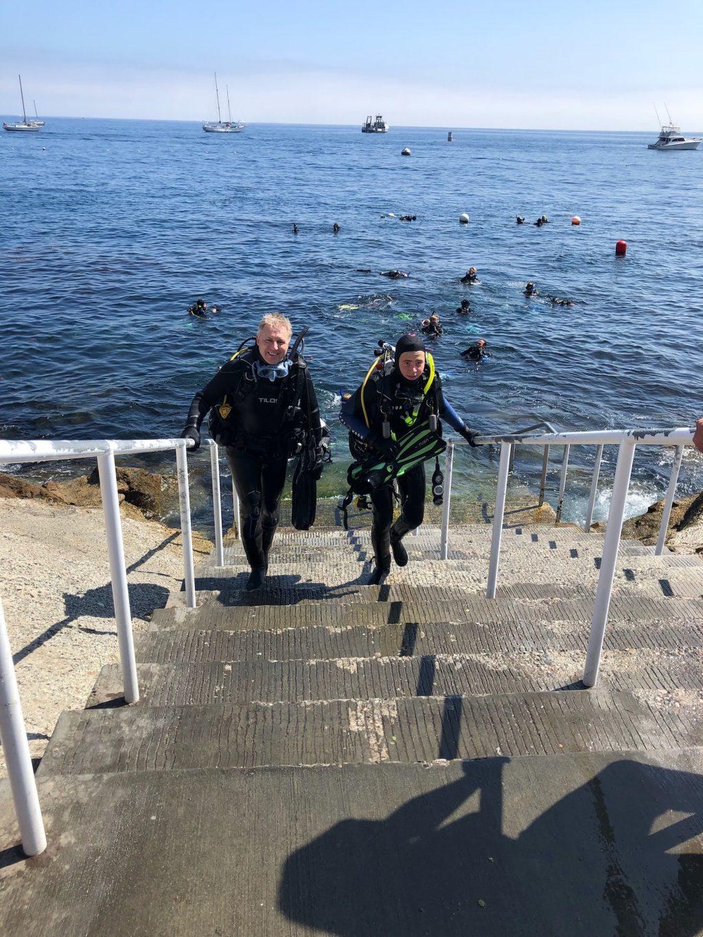 Ishak walks up stairs after scuba diving with friends at Santa Catalina Island, California. He earned his advanced scuba driver certification in 2016.