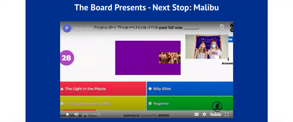 The Student Programming Board presents a Kahoot! trivia game, titled Next Stop: Malibu, as a live portion of NSO.