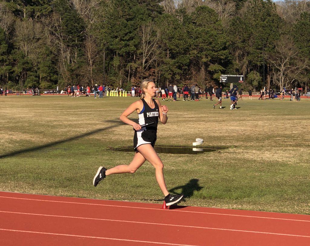 Runner Davis competes in the distance medley relay at a Spring 2020 track meet in Georgia. She signed to run for the Waves' Cross Country team this fall.