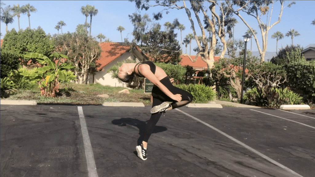Bridges practices a piece in a parking lot in Malibu. Due to COVID-19, DIF members have had to dance in their separate homes. Photo courtesy of Darcie Hill