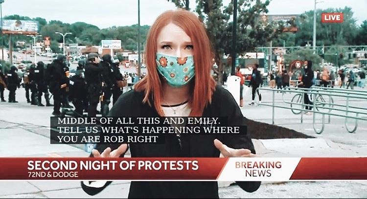 Tencer reports on the second night of protests in Omaha for her station, KETV, in late May. As protests emerged in numerous cities in the U.S. in response to the killing of George Floyd, many journalists wore masks while they reported. Photo courtesy of Emily Tencer