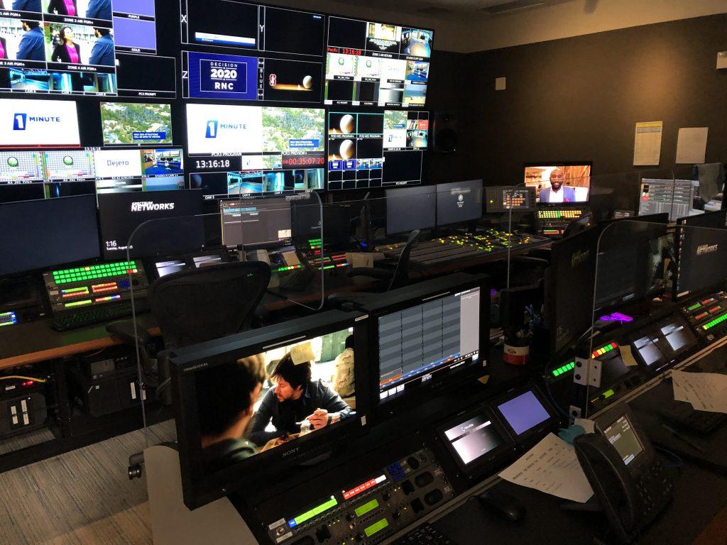 The control room at Spectrum News 1 is where Pepperdine alumnus Logan Hall works as a producer. Hall recently returned to the control room after having to produce newscasts from his home due to the COVID-19 pandemic. Photo courtesy of Logan Hall