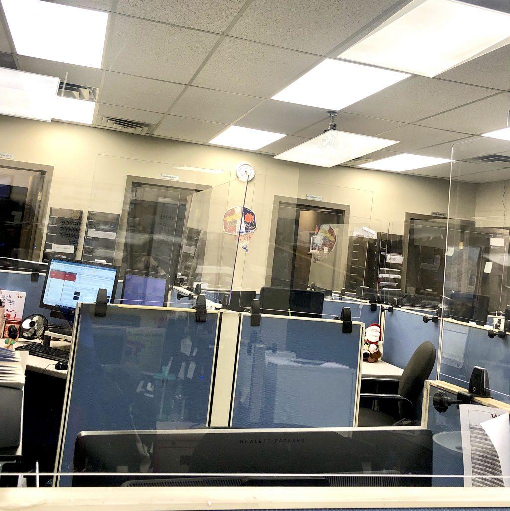 The WLNS-TV newsroom in Michigan is set up with plexiglass to protect staff while they are working. Newsrooms all over the country have added physical safety and health measures due to the COVID-19 pandemic. Photo courtesy of Araceli Crescencio