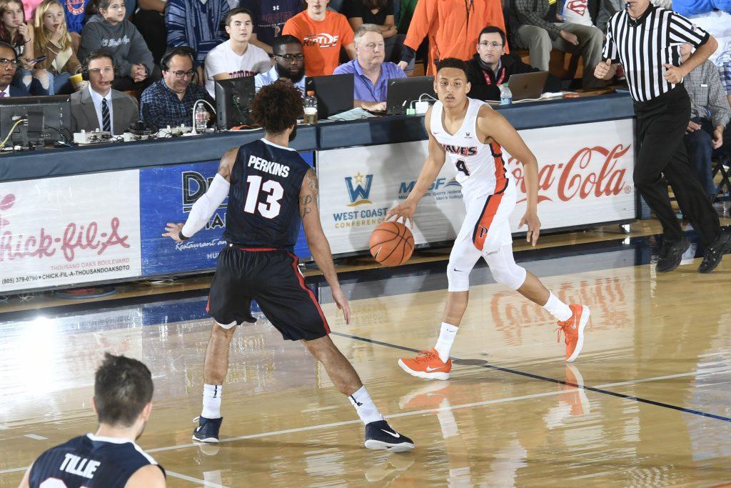 Ross dribbles up the court in a Feb. 15 loss against Gonzaga at Firestone Fieldhouse. Ross said he hopes to lead the Waves to the NCAA Tournament for his final season as a Wave. File photo