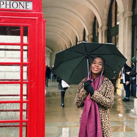 Melomey enjoys a rainy day in London in March during her spring break. She wore a long leopard coat paired with a magenta scarf to keep warm in the overcast weather. Photo courtesy of Rachel Melomey
