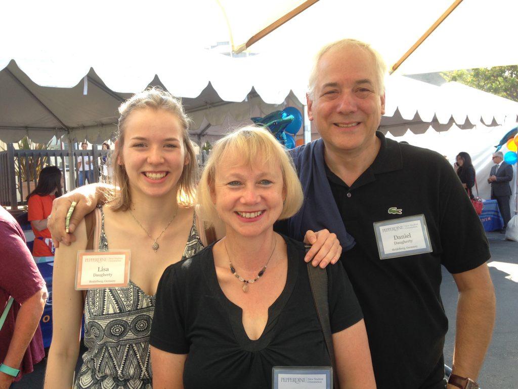 Daugherty smiles with his wife Karin and their daughter Lisa, who began her first year at Pepperdine in 2016. Daugherty said Lisa takes classes online because universities in Germany are remote. Photo courtesy of Daniel Daugherty