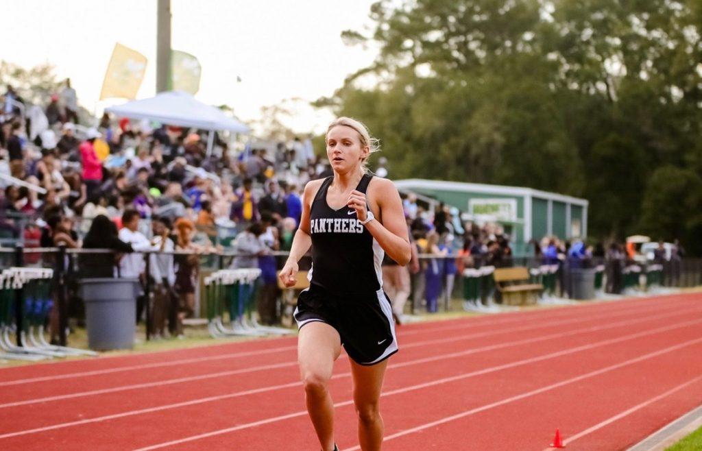 First-year runner Skylar Davis runs the 3200 meters in her final high school track meet that she would compete in 2019. Davis, a former swimmer, joined the Waves' Cross Country team after running for only three years in high school in Georgia. Photo courtesy of Skylar Davis