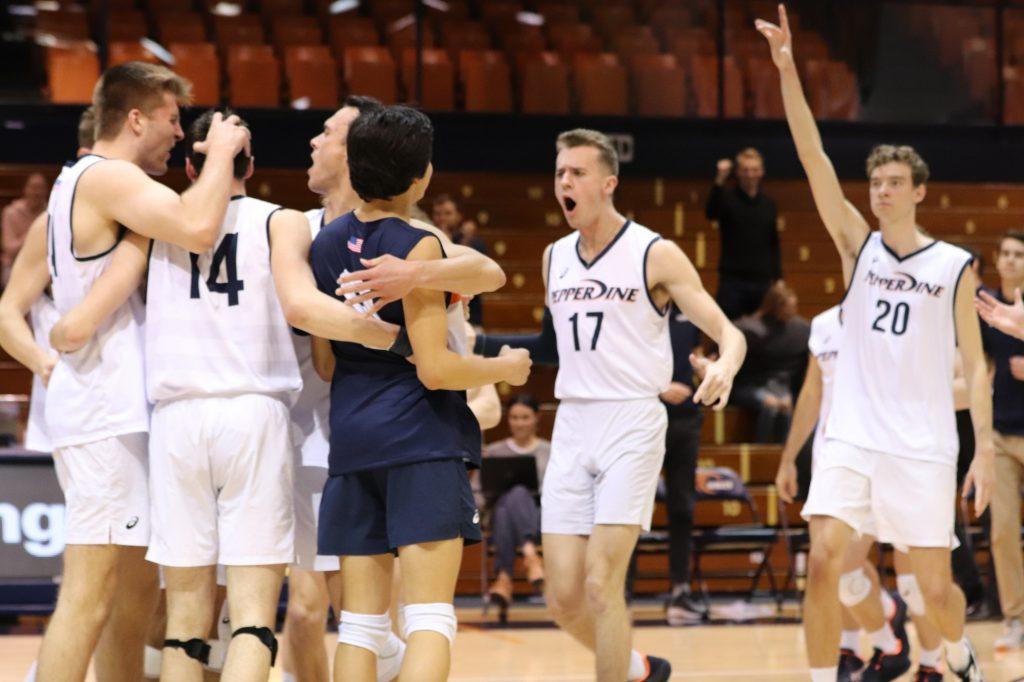 Men's Volleyball (from left to right: JT Ardell, Alex Gettinger, Noah Dyer, Diego Perez, Mason Tyler and Austin Wilmot) celebrates overcoming a two-set deficit to defeat Concordia University Irvine on Feb. 12 at Firestone Fieldhouse. All players but Dyer have planned to return for the upcoming season. File photo