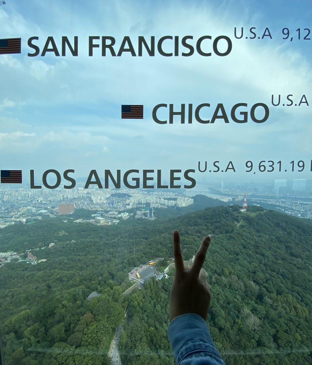 Names of U.S. cities and their elevations are listed on a window in Namsan Tower in Seoul, South Korea, on Sept. 10. The tower overlooked a park in Seoul, South Korea, and compared the elevation of various famous cities throughout the world. Photo by Claire Lee