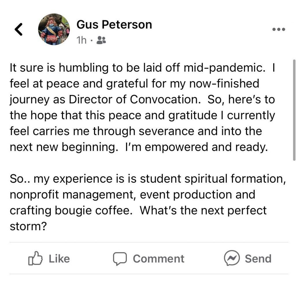 Former Director of Convocation Gus Peterson shares an update with his Facebook friends about his employment status Feb. 10. Administrators said the Convocation Office is in the process of being reimagined, which has resulted in staffing changes. Photo by Natalie Hardt