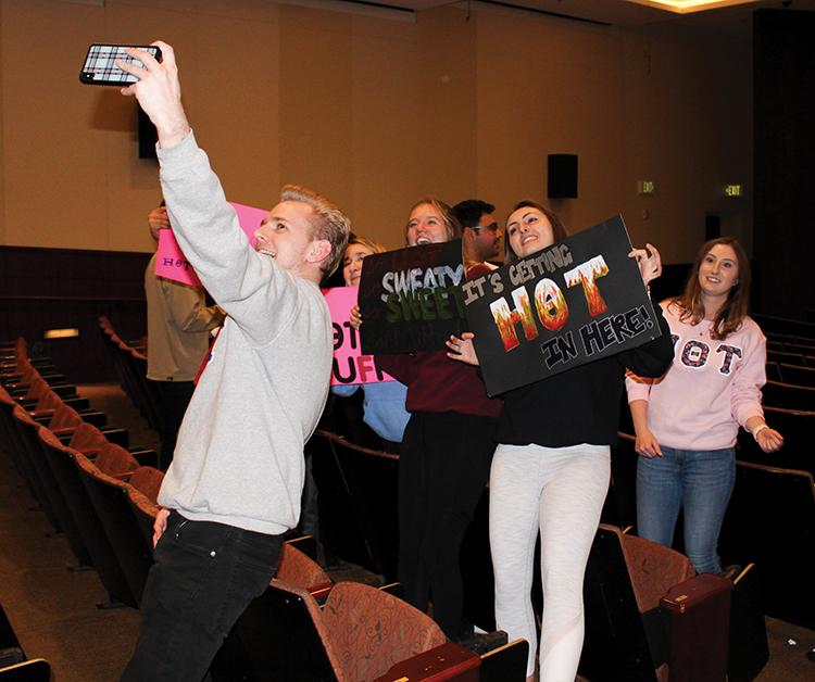 Eta Theta Tau takes a group selfie during Songfest recruitment in Elkins Auditorium on Feb. 20, 2020. HOT signed up to be one of two groups participating in virtual Songfest this spring. File photo