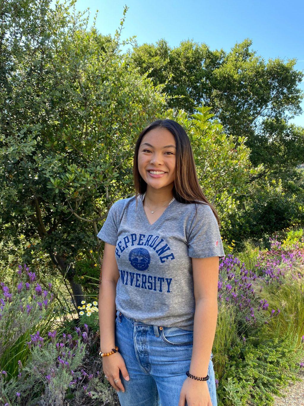 Abaya dons a Pepperdine T-shirt shortly after making a decision to become a Wave in May in her hometown of Redwood City, CA. She said she is excited to gain knowledge, build community and have valuable experiences to reflect on later in life after going to Pepperdine.