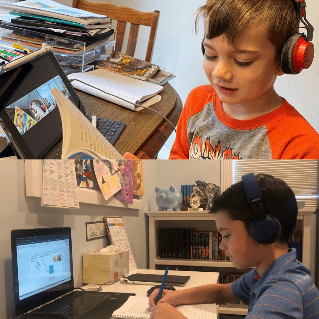 Professor Felicity Vabulas’ children, 6-year-old Landon (top) and 9-year-old Nolan (bottom) complete assignments for school near the start of quarantine. Vabulas said she often worries about their screen time and said even after one year of online learning, young children will never be fully independent on Zoom. Photo Courtesy of Felicity Vabulas