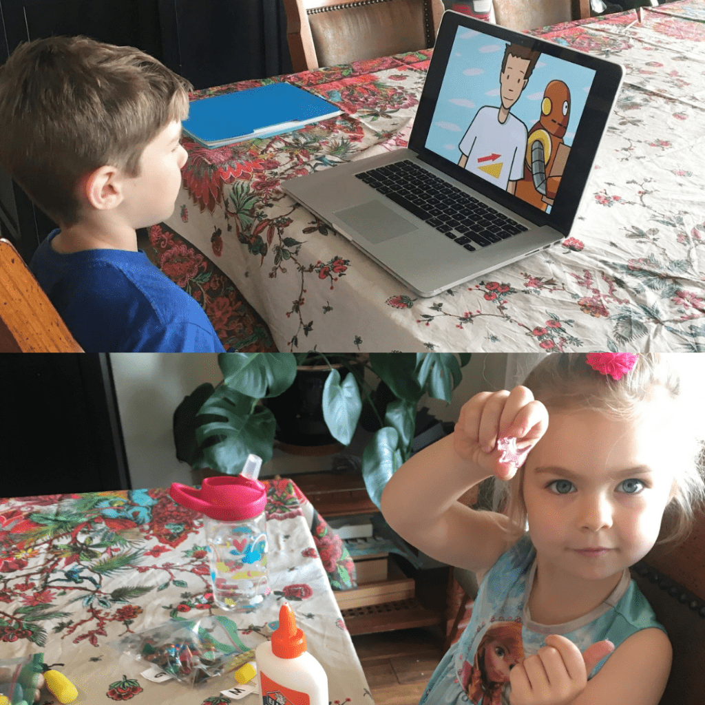 Professor Lila McDowell Carlsen’s children, 8-year-old Miles (top) and 5-year-old Marley (bottom) undergo their first day of remote learning in 2020. Carlsen said she helps her son with four to seven Zoom meetings every day while homeschooling her daughter, whose preschool closed indefinitely. Photo Courtesy of Lila McDowell Carlsen