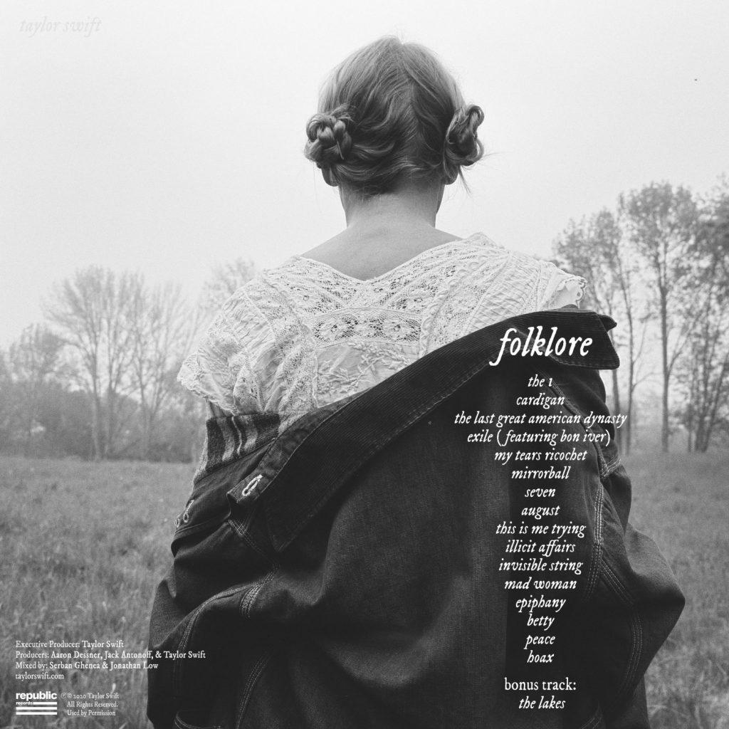 The back of Taylor Swift&squot;s album cover "Folklore" — released on July 24, 2020 — displays the 16 songs on the album; producer Jack Antonoff is nominated for his work on this album. He has also worked alongside Lana Del Rey for her album, "Norman F**cking Rockwell," as well as Lorde&squot;s "Melodrama" and more. Photo courtesy of Taylorswift.com