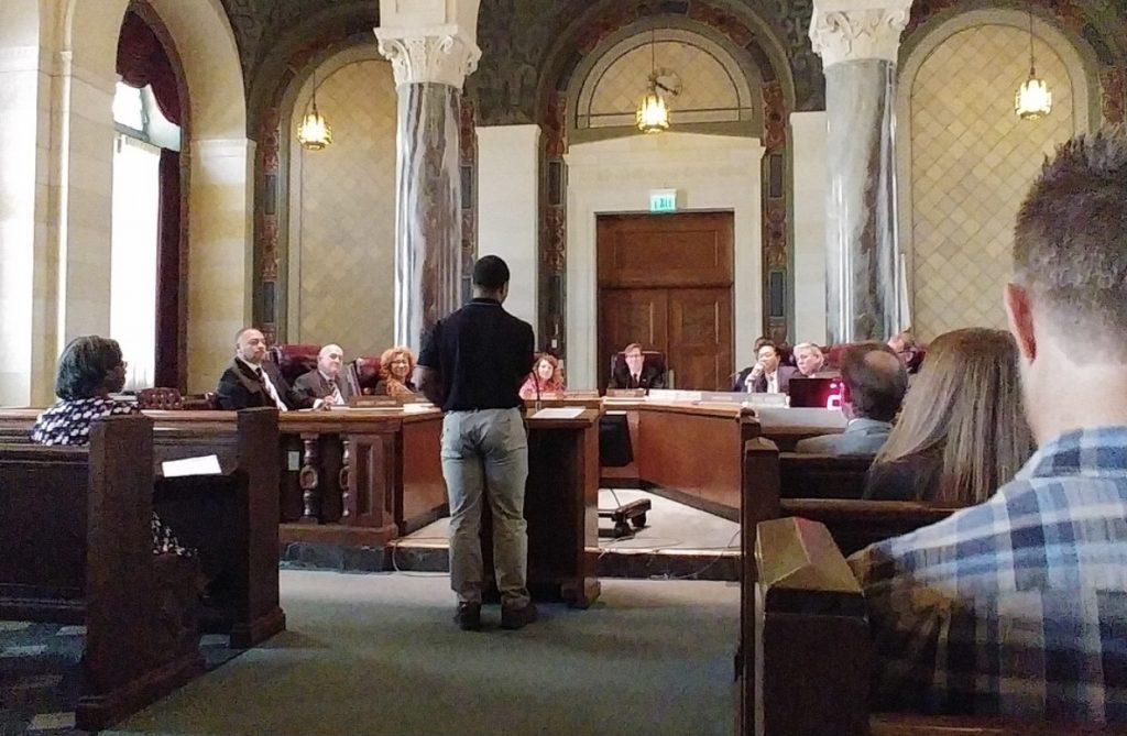 Cooke speaks in front of the LA City Council in the Council Chambers while working as an intern for Mayor Eric Garcetti during his sophomore year of high school. Cooke said his experience as an intern for the city broadened his horizons for career opportunities within the natural sciences.