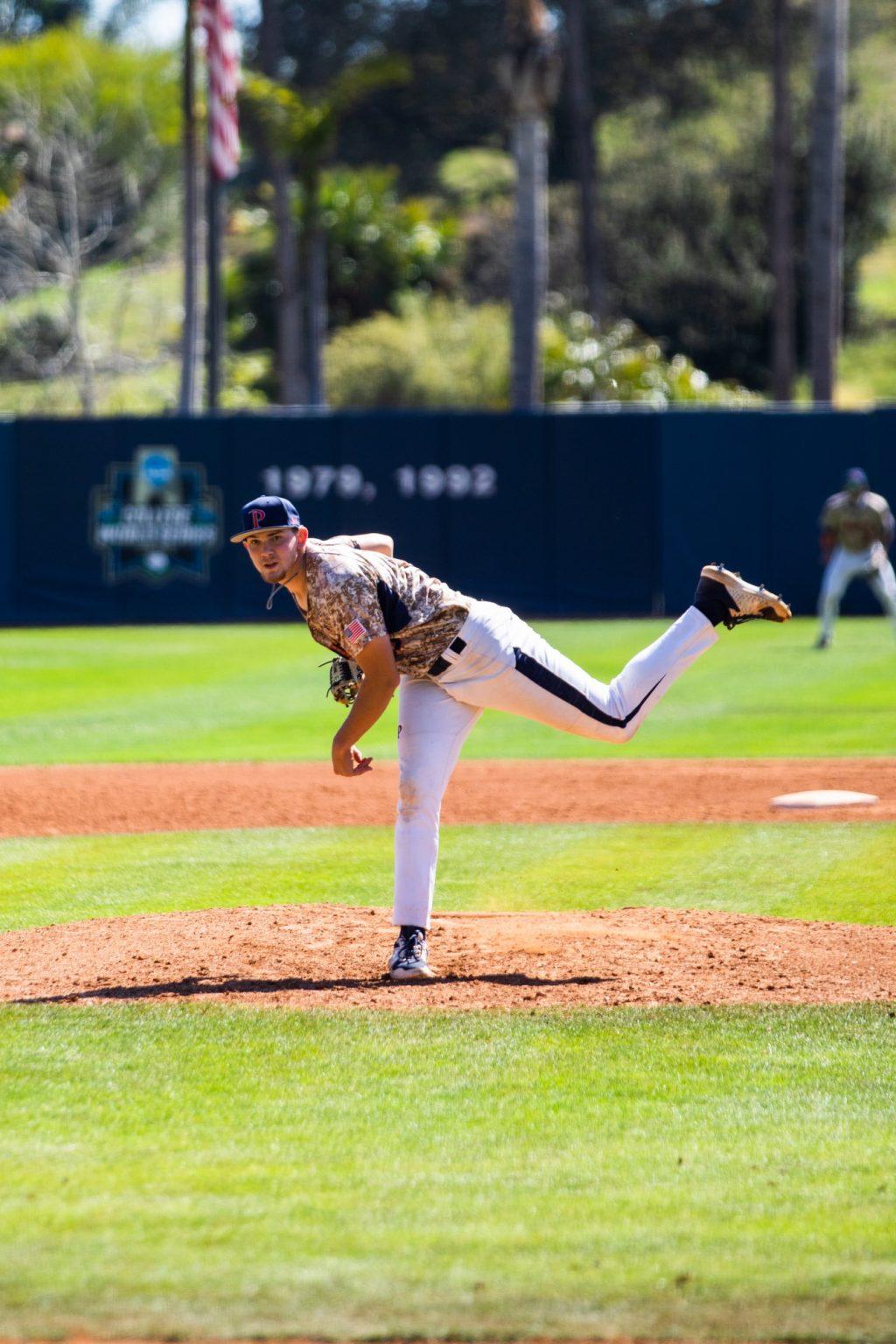 Sophomore left-hander Nathan Diamond completes his follow through Saturday afternoon at Eddy D. Field Stadium in Malibu. After four scoreless innings in a 7-2 Waves win, Diamond holds an even 3.00 earned run average on the season.