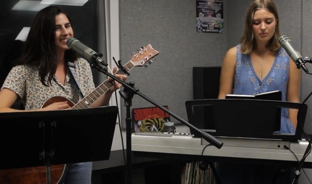 Sullivan (left) and Davis (right) perform their original song "Inner Space" for PGM&squot;s podcast Small Studio Sessions in September 2019. When Davis and Sullivan were abroad in Lausanne, Switzerland, they fostered a music community and had a room of instruments where they loved to practice. Photo courtesy of Small Studio Sessions