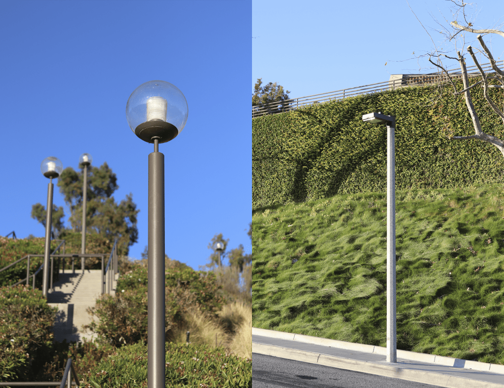 Globe lights surround a flight of stairs by the Student Accessibility Center (left), while lights that adhere to the Dark Sky Ordinance line Seaver Drive (right) on March 5. The University began replacing the globe lights in 2015, and has replaced 110 of the 367 so far.