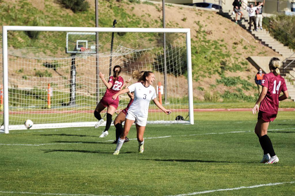 Senior Aliyah Satterfield (No. 3) turns to celebrate with teammates after scoring against Santa Clara. It was Satterfield's second goal of her career, both of which came in her senior season.