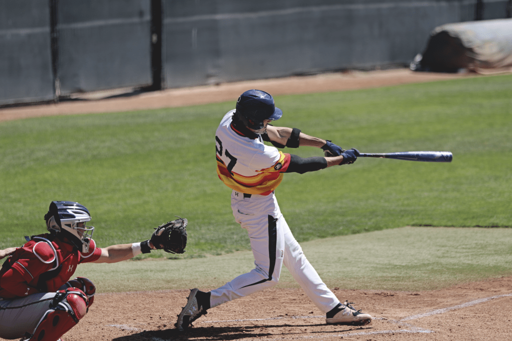 Redshirt senior center fielder Reese Alexiades takes a healthy cut Sunday in Malibu. Alexiades contributed three RBIs over the course of the weekend, as the Waves won two of three games against Saint Mary's.