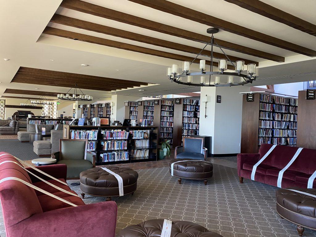 Following LA County's COVID-19 safety regulations, seats at the library are 6 feet apart March 15. To maintain social distancing, the library blocked off seats and is open at 25% capacity.