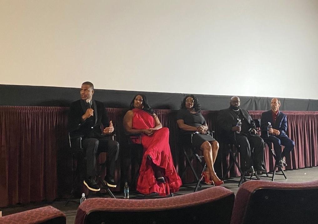 Supreme, Salaberrios, Price, Rose Simmons, and John Shepherd — left to right — answer questions after the screening of the film. Supreme is from New York and was a founding partner and pastor of Infinity Bible Church in the South Bronx, N.Y.