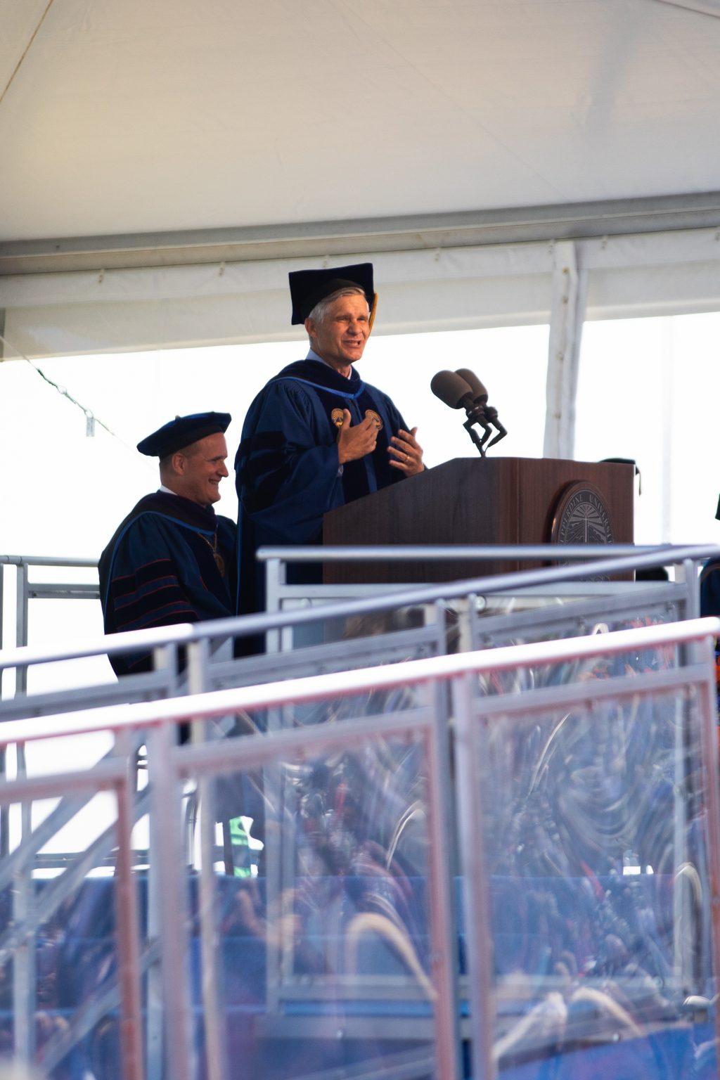 Commencement speaker Brett Biggs, executive Vice President and chief financial officer of Walmart, addresses the Class of 2021. Photo by Ryan Brinkman