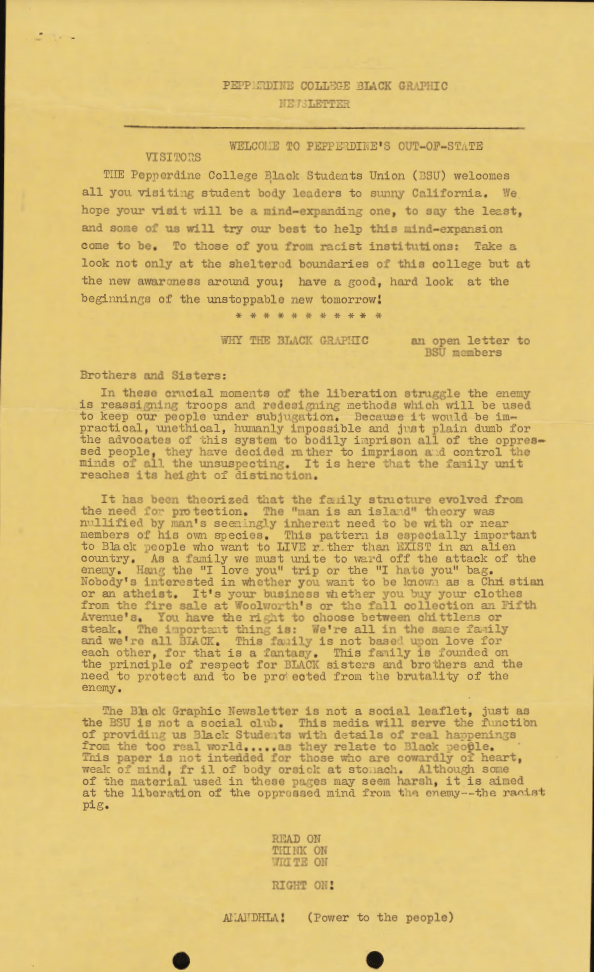 The Black Graphic publishes a newsletter in 1969 that contains an open letter to the Black Student Union about the purpose of the student publication. The Black Graphic published its first edition Nov. 25, 1968. Photo courtesy of Pepperdine Libraries Special Collections and University Archives