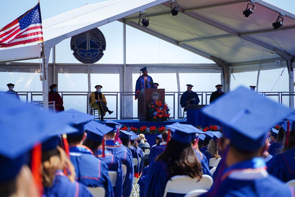 Graduate Payton Silket addresses the Class of 2020. The 2020 commencement ceremony honored various student speakers, including Silket.