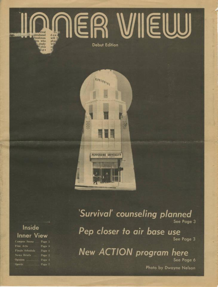 The front page of the first edition of the Inner View depicts a keyhole showing a photo of the administrative building at Pepperdine's LA campus. The student newspaper began publishing in 1972 when the Graphic relocated to the new Malibu campus and came to end in 1976. Photo courtesy of Pepperdine Libraries Special Collections and University Archives