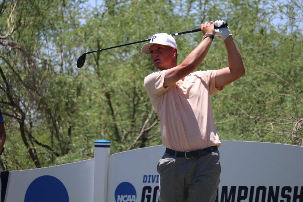 Pepperdine sophomore William Mouw tees off during the third round of stroke play at the NCAA Championships on May 30. Mouw shot a 71 in the round, the best round of the day for the Waves.