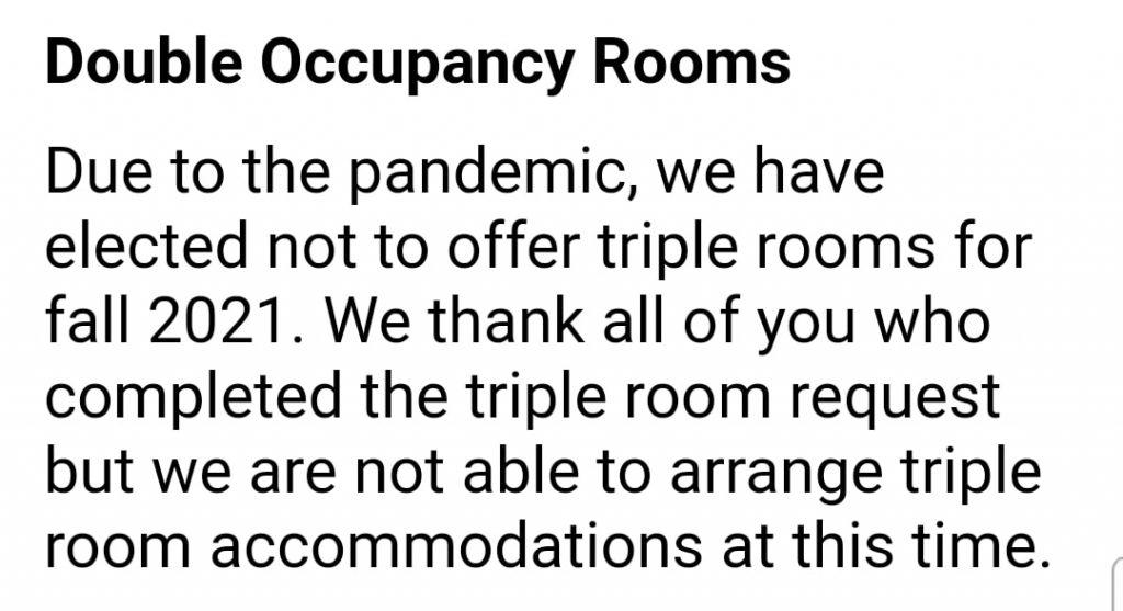 A screenshot of an HRL email sent to first-year students and parents regarding occupancy numbers for the fall. Pepperdine considered triple-bunking students to accommodate for the large incoming class but decided against it due to a lack of interest and COVID-19 concerns. Screenshot courtesy of the Class of 2025 Parents Facebook group