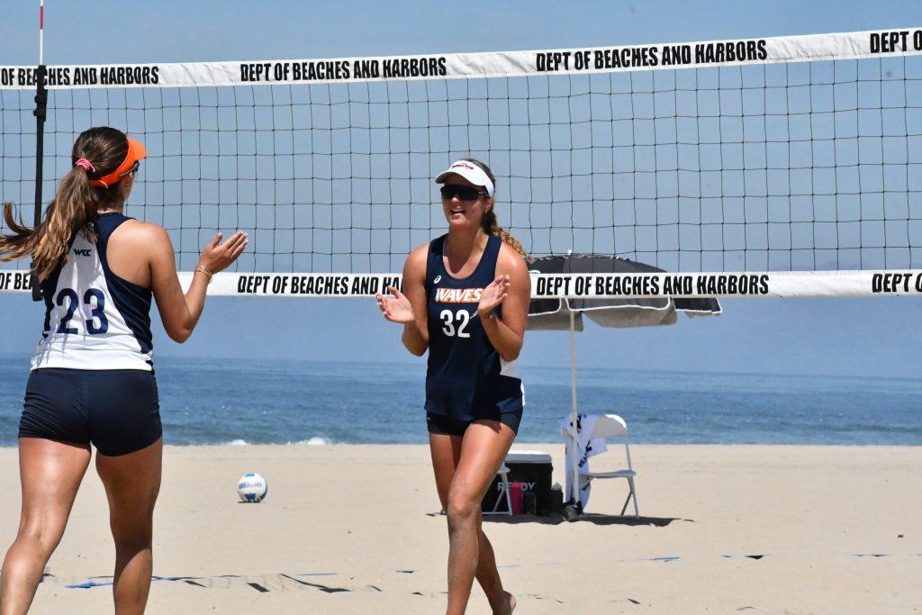 Kristine Briede plays a game on the Pepperdine Women's Beach Volleyball team. Briede moved to Malibu to practice with the team in 2021 but had restrictions relating to campus life due to COVID. Photo courtesy of Kristine Briede