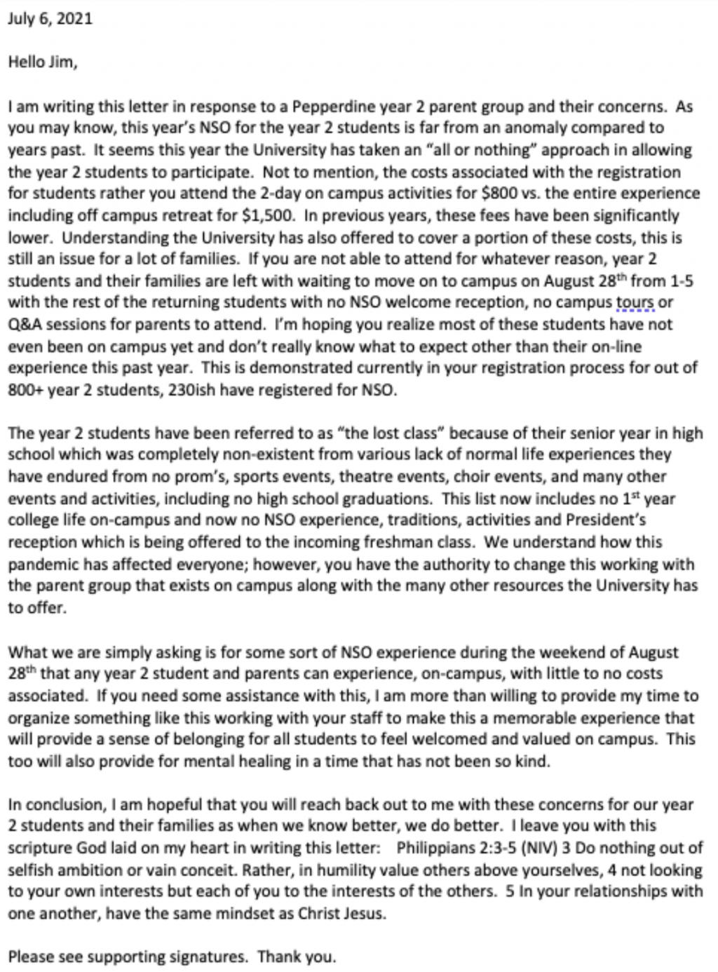 Parents of Pepperdine's rising sophomores sent this letter to President Jim Gash to voice opinions regarding the Year 2 Welcome. Anisha Jackson authored the letter, and 27 other parents added signatures. Photo Courtesy of Anisha Jackson