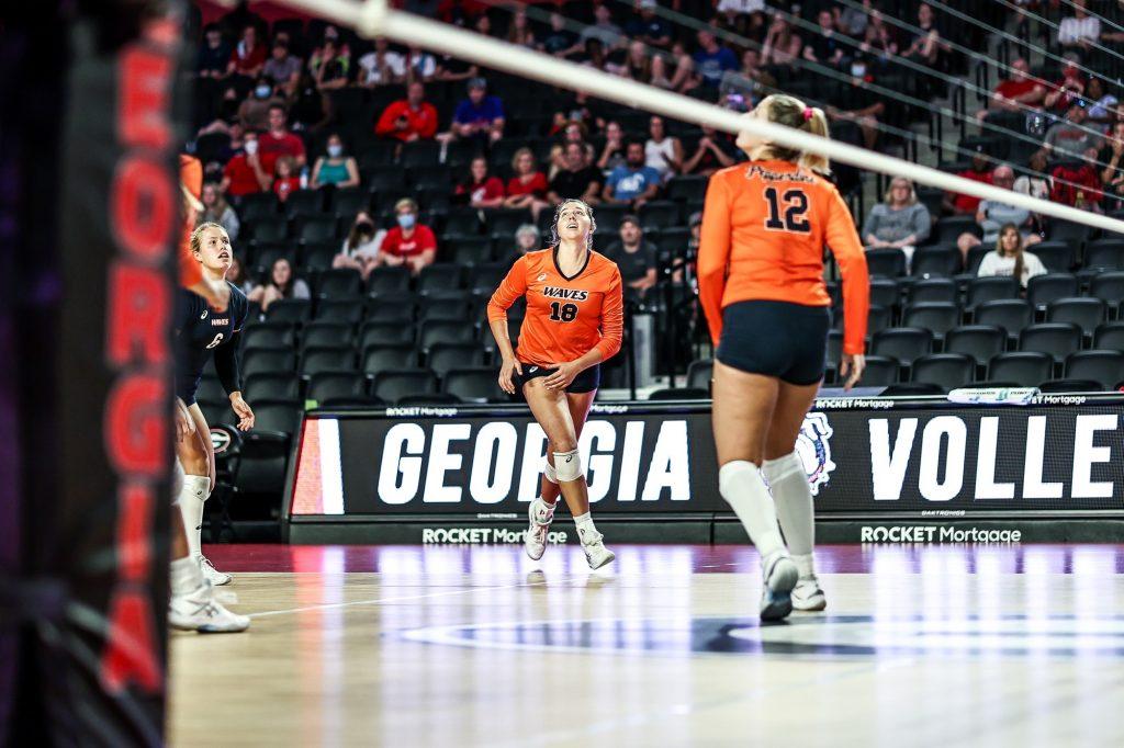 Rachel Ahrens (No. 18) and Meg Brown (No. 12) track a ball up high during the match against Georgia at Stegeman Coliseum in Athens, Ga., on Saturday, Aug. 28, 2021. The duo combined for 30 of the team's 61 kills in the match.
