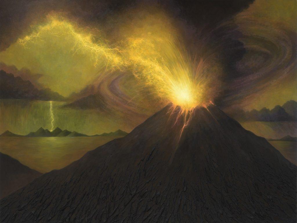 A volcano erupts as a storm strikes land in the background in a photo of Kelly Berg&squot;s "Ring of Fire," distributed as part of the Weisman’s press release about the exhibit. This piece illustrates the dynamic power of nature, and is currently on exhibit in "Environmental Reflections."

Art by Kelly Berg