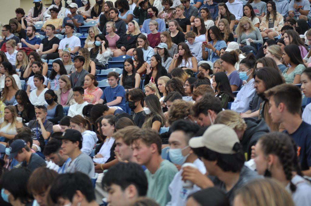 Students gather at the first Foundation Gathering Sept. 1, at the Eddy D. Field Baseball Stadium. The gathering included first-year, sophomore and transfer students who are required to complete the Seaver 200 program. Photo by Ashton Bell