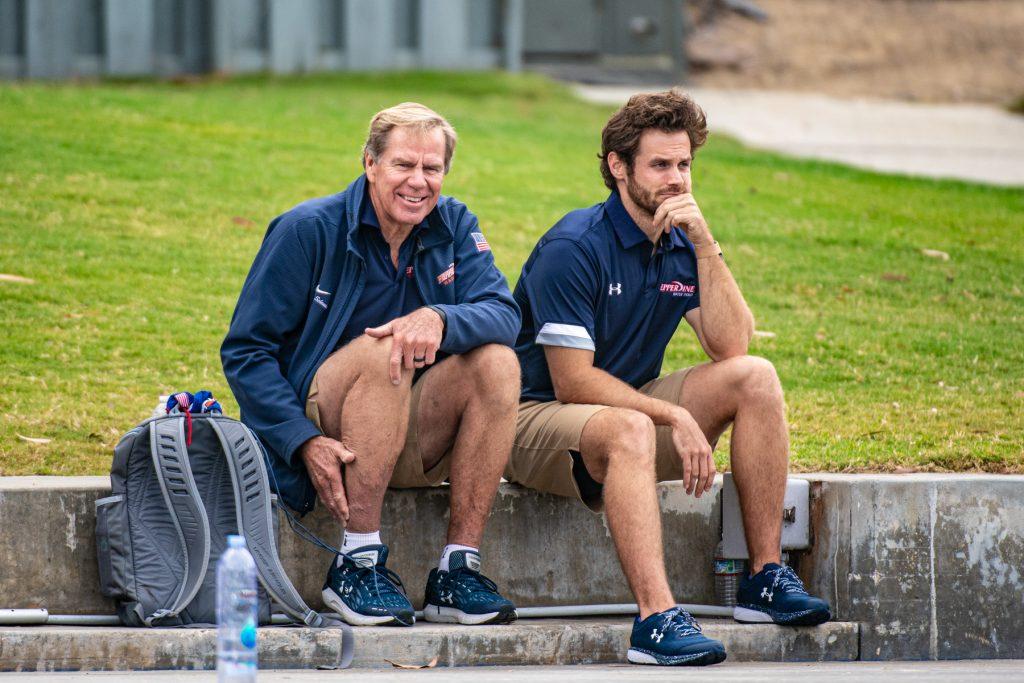 Pepperdine Head Coach Terry Schroeder and athletic trainer A.J. Vander Vorste share a smile during the Triton Invitational. Schroeder began his 29th season at the helm of the program this year.
