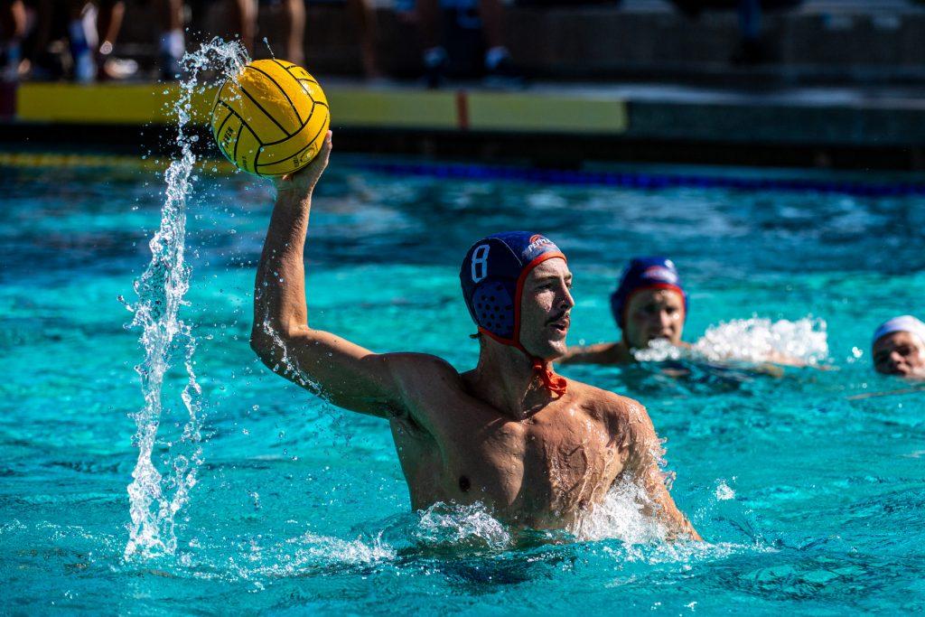 Pepperdine senior attacker Sean Ferrari rises out of the pool to attempt a shot Sept. 4 in a match against Cal Baptist in La Jolla, Calif. Ferrari scored ten goals for the Waves in the opening tournament.