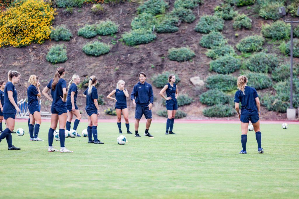 Pepperdine Women's Soccer players line up for a drill during an early morning practice Wednesday, Sept. 1. Multiple players said the intense training has been a major factor in the team's 5-1-0 start.