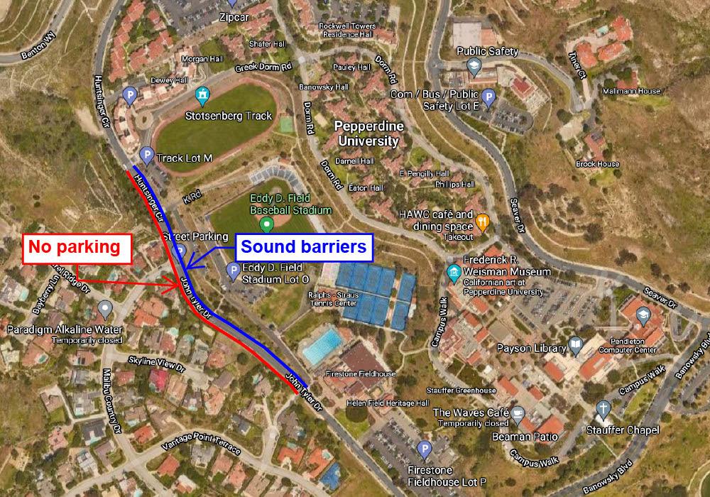 A map from Pepperdine Public Relations details parking restrictions and sound barrier wall lining John Tyler Drive. The sound barriers will remain in place and limit parking in the area until the project is complete, according to a June 25 PR email. Photo courtesy of Pepperdine