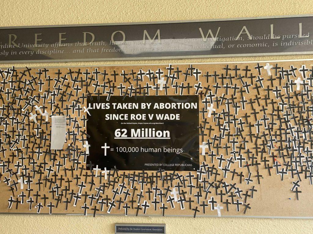 A display on the Freedom Wall shows 62 cut-out crosses and a sign that claims that abortion has taken 62 million lives since the 1973 Roe v. Wade SCOTUS case. The PCR posted this display Sept. 28 to acknowledge the "atrocity" of abortion, wrote the PCR in an email to the Graphic. Photo by Anitiz Muonagolu