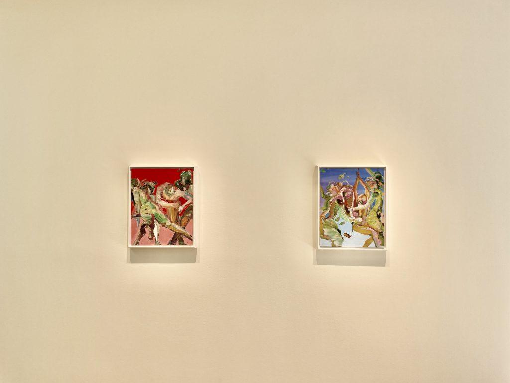 Silhouettes move into the space of the others amid empty color in Gellis&squot; "Study for Kudzu" (left) and chaos in "Study for Samadi" (right). The two small pieces were placed in the walkway that transitioned the exhibition from calm to chaos, demonstrating the small shift in tone from one area to the next.