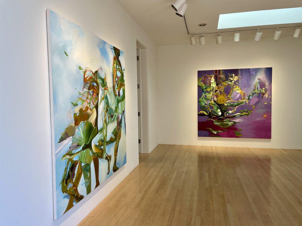 Whimsical forms move in nature in a photo of Gellis&squot; "Ascension" (left) and "River Gods" (right). These two pieces — lit by natural skylight — are the first paintings spectators see when they enter the exhibition.