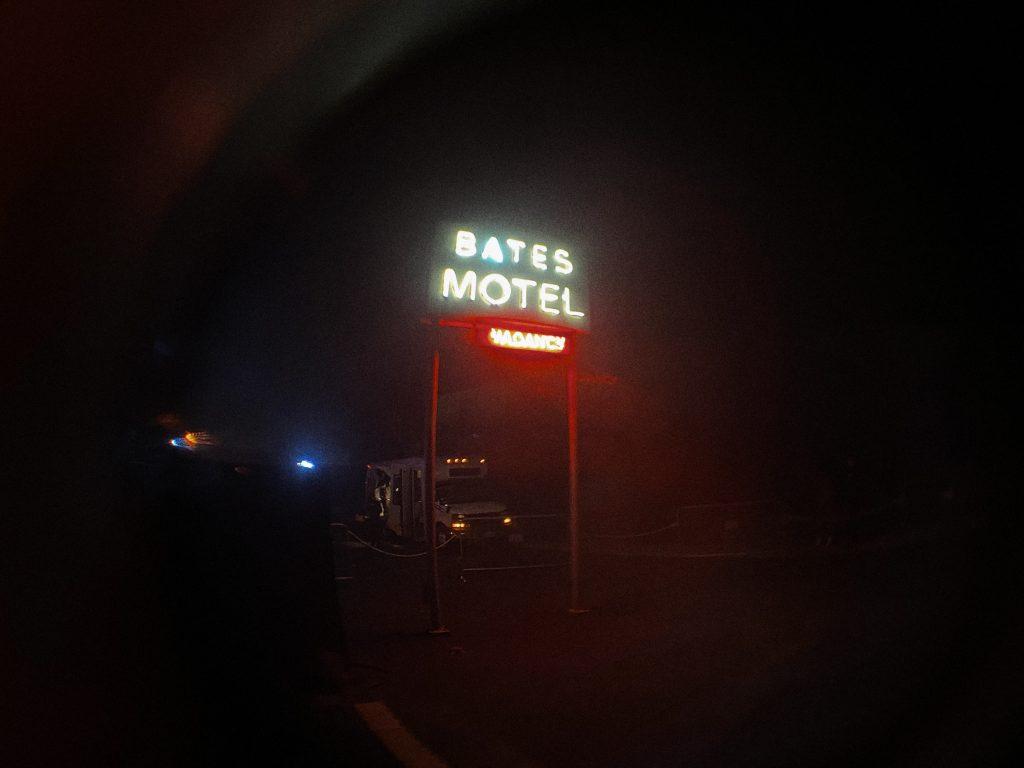 A foggy night provides a breathtaking view of the Bates Motel set located on the Universal Studios Hollywood Backlot through a fisheye lens. The original "Psycho" house is also at Universal and one can see mother in her rocking chair from the window, the park utilized this as a photo op for Horror Nights.