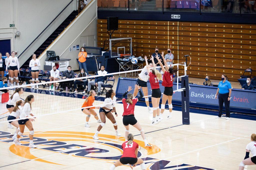 Senior outside hitter Rachel Ahrens delivers a striking blow to LMU's defense. Ahrens continued her stellar play this season, ending the match with 18 kills.