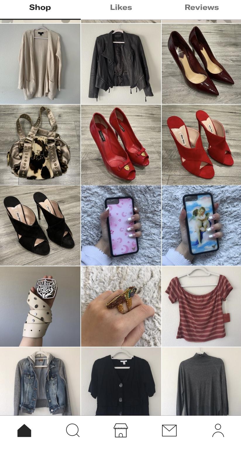 A snapshot of sophomore Ellie Mezhlumyan's Depop includes phone cases, tops and bright red heels. Mezhlumyan said social media influencers Devin and Sydney Carlson have heavily inspired her fashion sense. Photo courtesy of Ellie Mezhlumyan