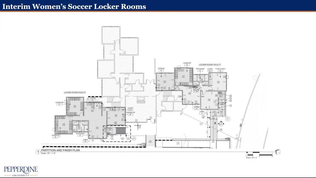 The layout plan features two locker rooms for both the Women’s Soccer team and their opponents. The team had previously been using the baseball team’s visiting locker room. Screenshot by Karl Winter