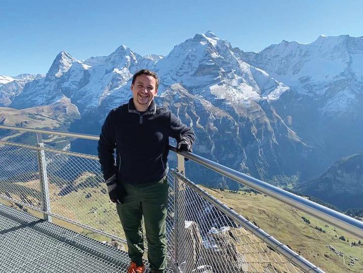 2021 alumnus Juan Carlos Hugues hikes in Mürren near Lauterbrunnen, Switzerland. Hugues researches LGBTQ+ community experiences at the University of Lausanne in the French part of Switzerland. Photo courtesy of Juan Carlos Hugues